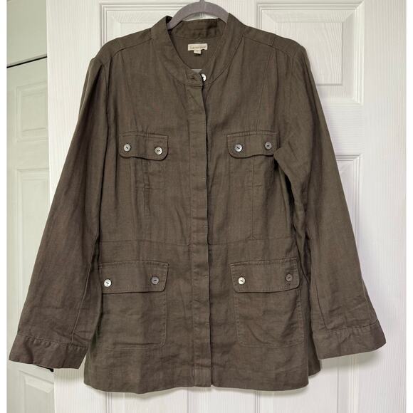 Garnet Hill Women's Brown 100%Linen Button Front Cargo Shirt Jacket Size 10 - Picture 1 of 13